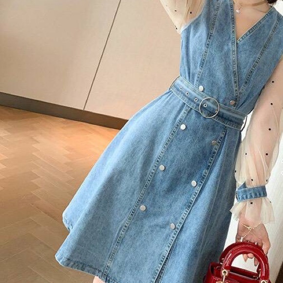 Denim Dress with Mesh See through Sleeves V neck Denim Dress - Picture 3 of 14